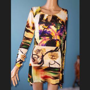 LINEA DOMANI Long-Sleeved, Asymmetrical Bright Multi-Color Tunic Top, Si…